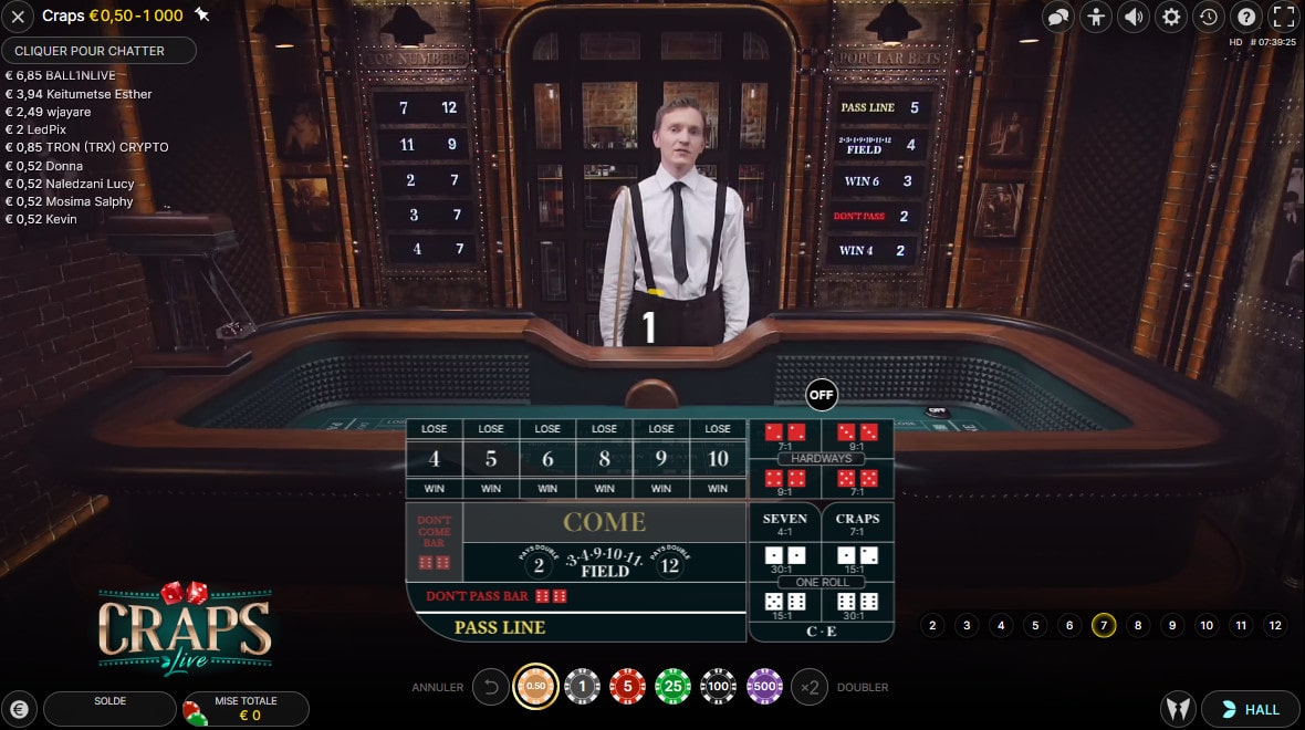 Craps Live est une table de craps en ligne avec croupiers en direct