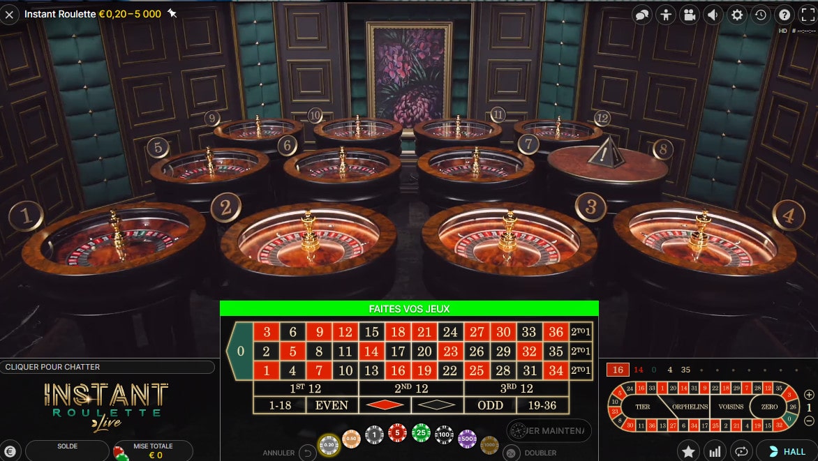 Instant Roulette est une combinaison de 12 roulettes live en direct de studio