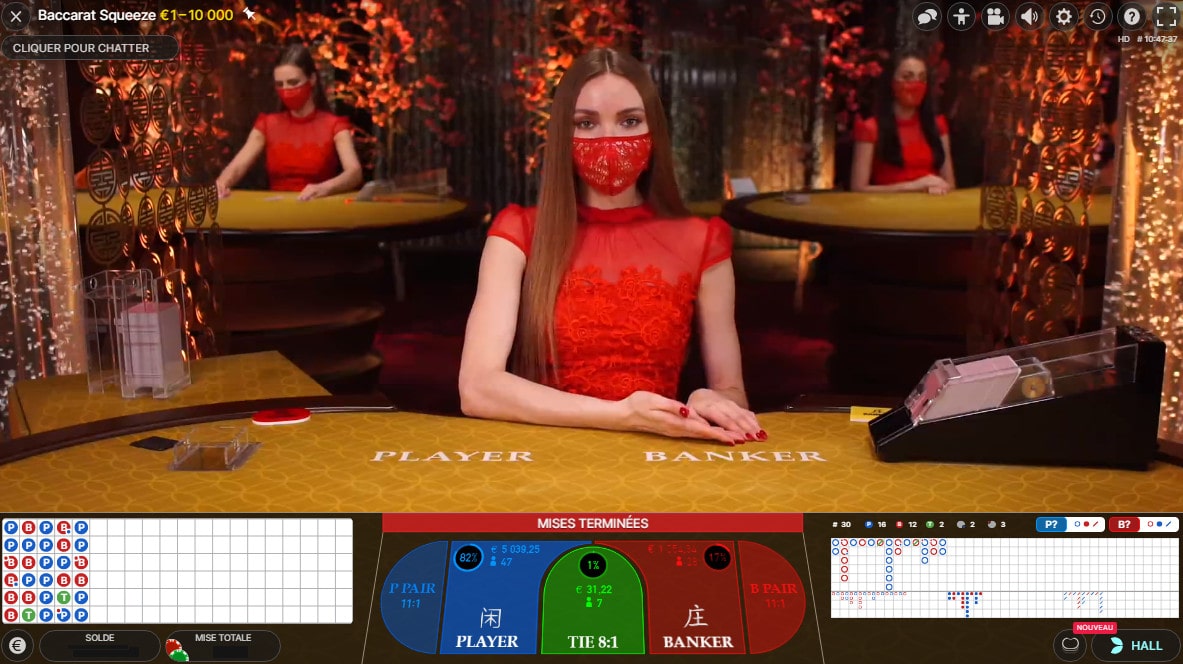 croupière dans le studio de Baccarat Squeeze